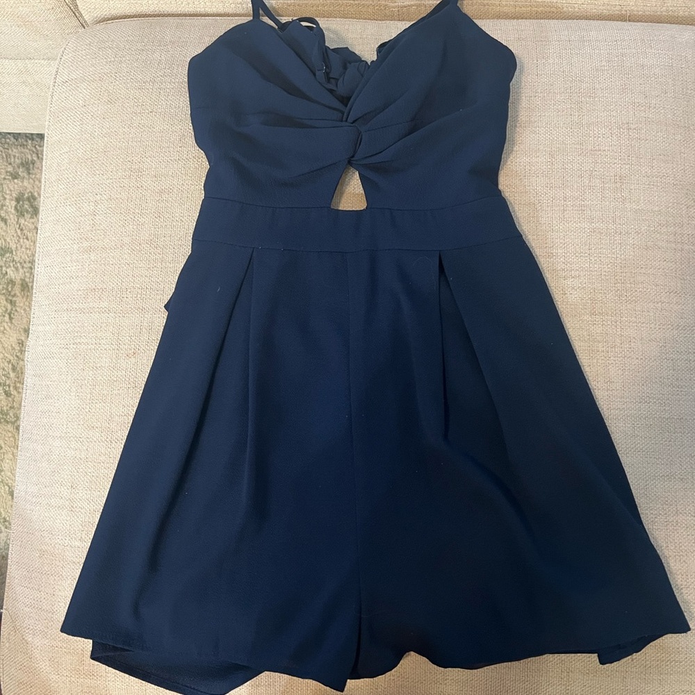 Navy Blue Sleeveless Romper with Knot and Cut Out Detail